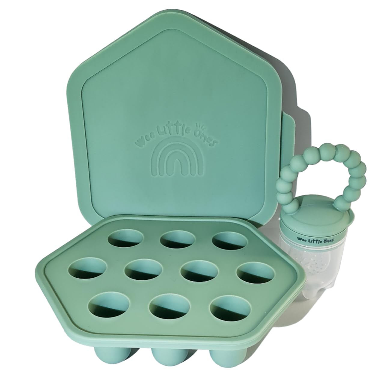 Wee Little Ones Premium Silicone Baby Fruit Feeder Pacifier – Includes Freezer Tray and Popsicle Molds for Teething Relief. Safe Infant Self-Feeding Baby Food Feeder. Perfect for Young Ones!