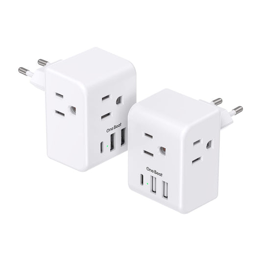 2 Pack European Travel Plug Adapter, One Beat International Power Adapter with 3 Outlets 3 USB Ports(1 USB C), Type C Plug Adaptor for US to Europe Italy Spain France Germany Iceland Travel Essentials