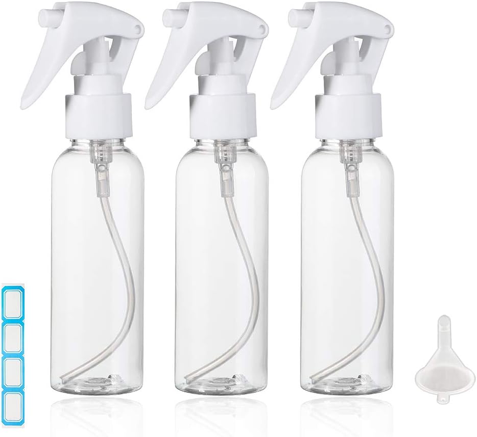 Travel Size Spray Bottle, 3.4oz/100ml Plastic Fine Mist Spray Bottle Set, Refillable Liquid Containers, 3pcs Clear Trigger Sprayer with Funnel and Labels for Styling Kitchen Home Office Cleaning