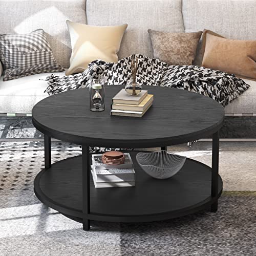 WiberWi Round Coffee Table Black 35.8" Circle Coffee Tables for Living Room Rustic Industrial Design with Sturdy Metal Frame Legs and Open Storage Shelf, Easy Assembly