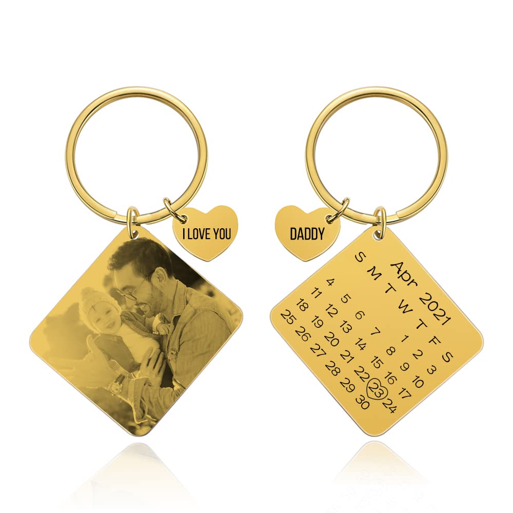 Personalized Custom Dad Calendar Keychain - Engraved Picture Name Key Chains Father~'s Day Gift for Dad Husband