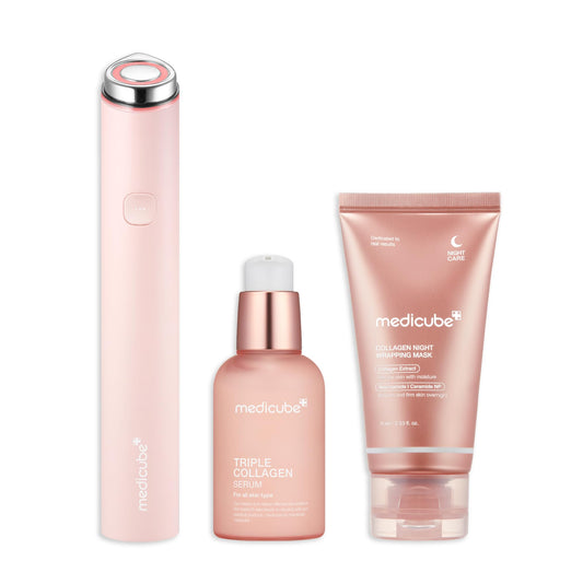 medicube Ultimate Pink Glow Skincare Trio: Mini Booster Pro Pink and Collagen Overnight Wrapping Peel Off Facial Mask Pack and Triple Collagen Serum 1.85 fl.oz (50ml)