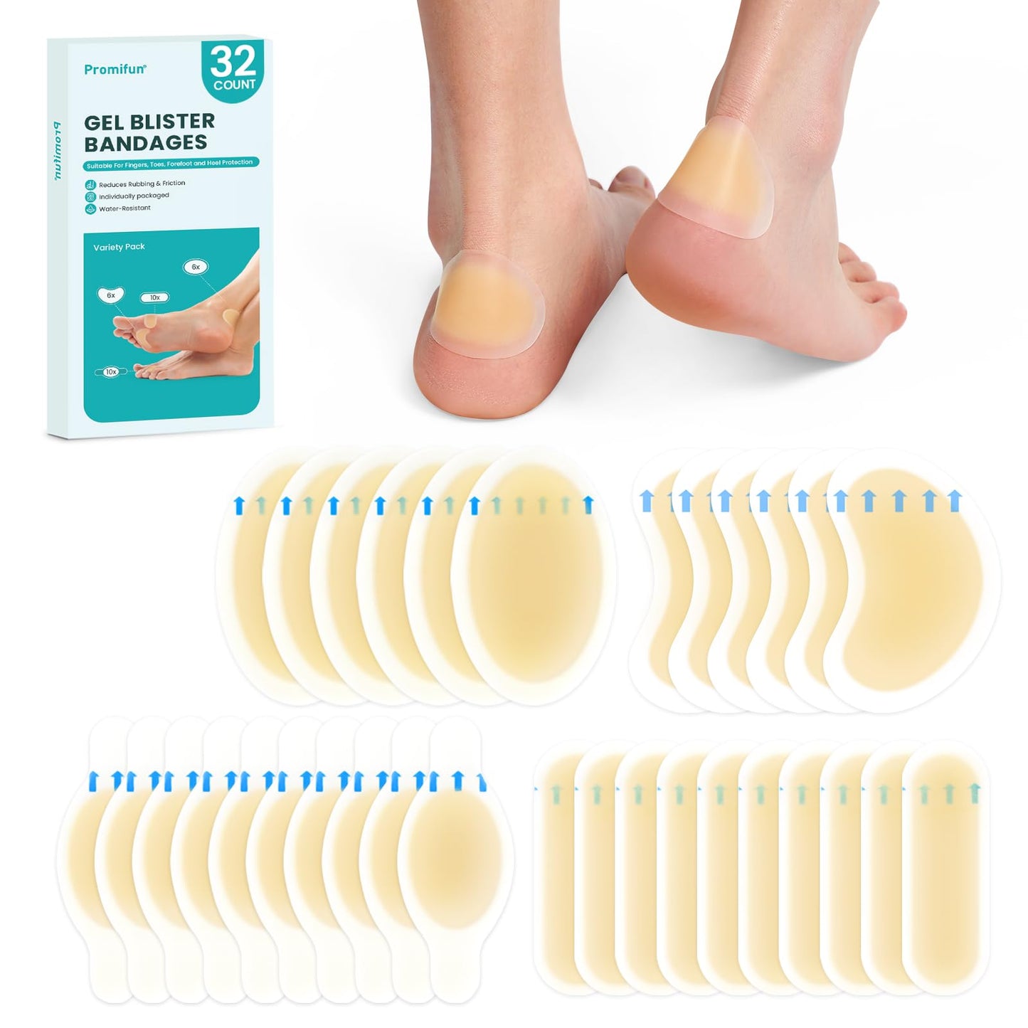 Hydrocolloid Gel Blister Bandages Pads - (Variety Pack) Promifun 32ct Waterproof Adhesive Blisters Bandages - Blister Pads for Heel, Foot, Toe, Feet - Gel Blister Chshions for Prevention & Recovery