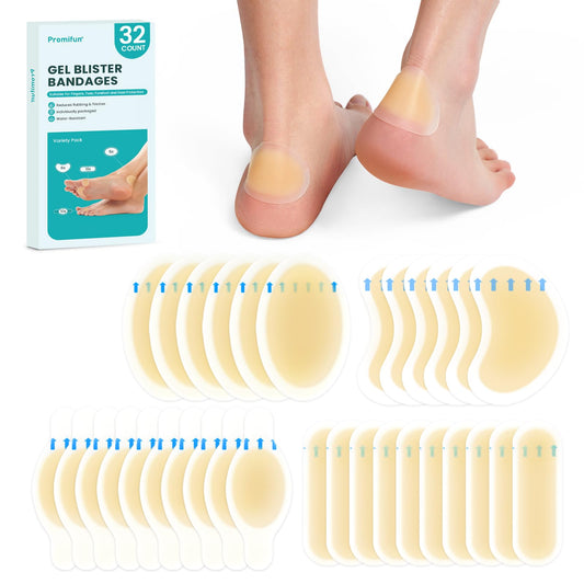 Hydrocolloid Gel Blister Bandages Pads - (Variety Pack) Promifun 32ct Waterproof Adhesive Blisters Bandages - Blister Pads for Heel, Foot, Toe, Feet - Gel Blister Chshions for Prevention & Recovery
