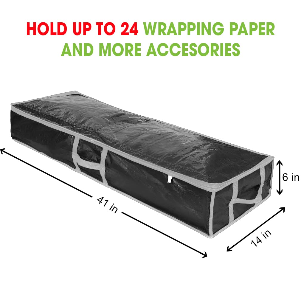ProPik Wrapping Paper Storage Containers | Gift Wrap Organizer Under Bed | 41”x14”x6” | Box Holds 18-24 Rolls Up to 40” Long | Holder with Pockets for Ribbon Bows & Accessories (Black)