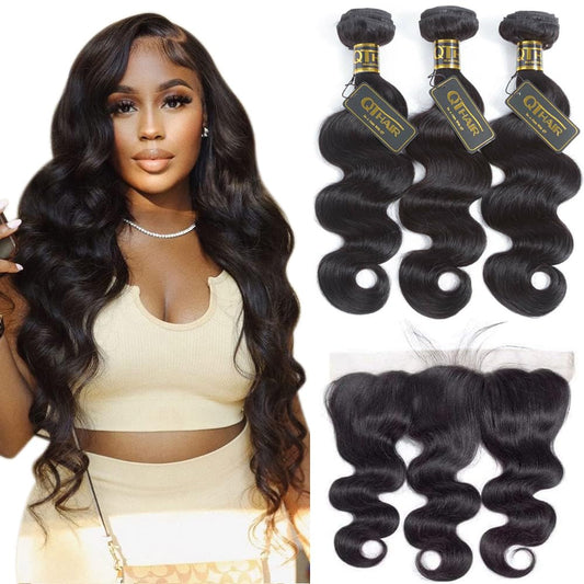 QTHAIR 14A Human Hair Bundles with Transparent Hd Lace Frontal (14 16 18+14) Body Wave Bundles with Lace Closure Brazilian Human Hair Weave Bundles with 13x4 Frontal Virgin Hair Weft 150% Density