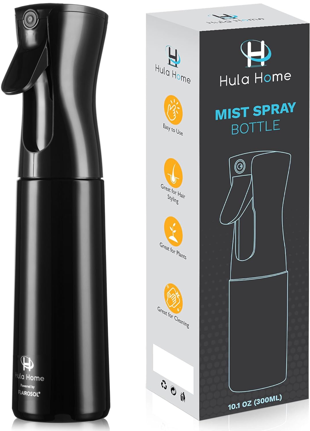 Hula Home Continuous Spray Bottle for Hair (10.1oz/300ml) Empty Ultra Fine Plastic Water Mist Sprayer – For Hairstyling, Cleaning, Salons, Plants, Essential Oil Scents & More - Blue