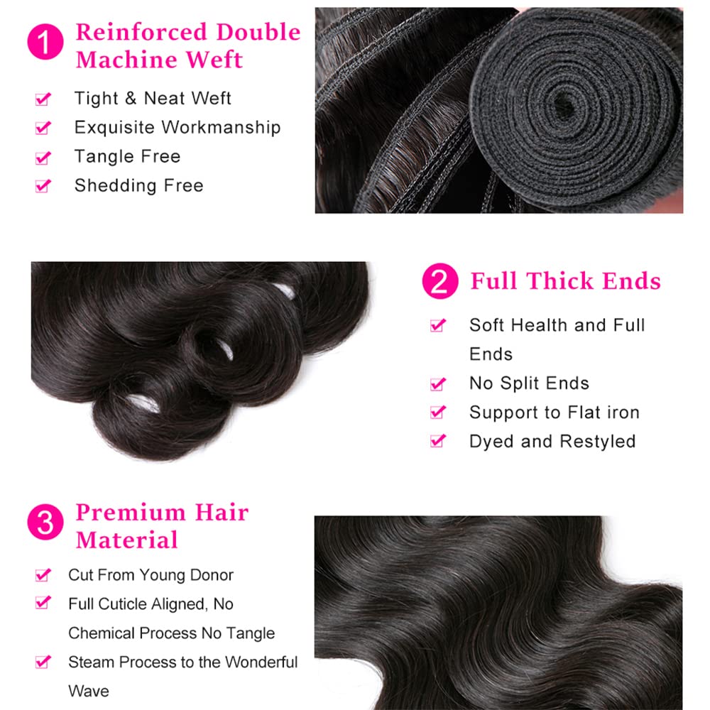 Mrladgo Body Wave Human Hair Bundles with Closure 100% Unprocessed Brazilian Virgin Human Hair 3 Bundles Body Wave with 4X4 Free Part Lace Closure Natural Black Hair Extension