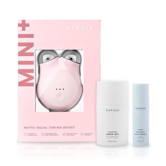 NuFACE MINI+ Microcurrent Facial Device Kit - FDA Cleared Face Sculpting & Skin Tightening Device to Contour, Lift & Tone + Microcurrent Gel Activator & Silk Creme - Sandy Rose