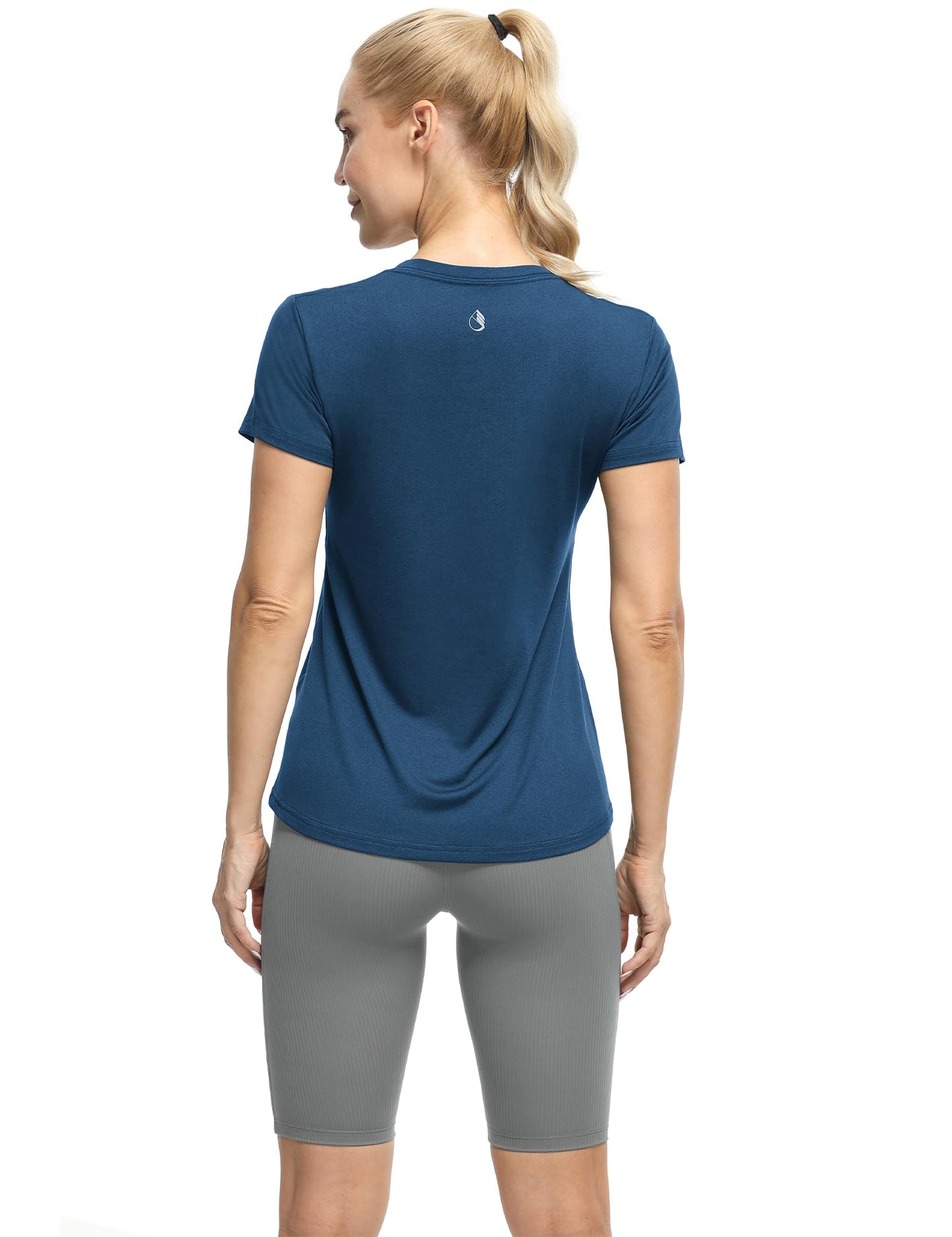 icyzone Workout Shirts Yoga Tops Activewear V-Neck T-Shirts for Women Running Fitness Sports Short Sleeve Tees (Dark Grey/True Navy/Aqua, S)