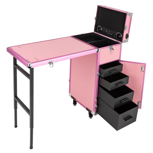 Cbhfmljd Rolling Manicure Table Makeup Train Case, Portable Nail Table Travel Cosmetic Trolley Storage Organizer Travel Nail Desk Nail Tech Travel Case with 4 Drawers Mirror & Speaker