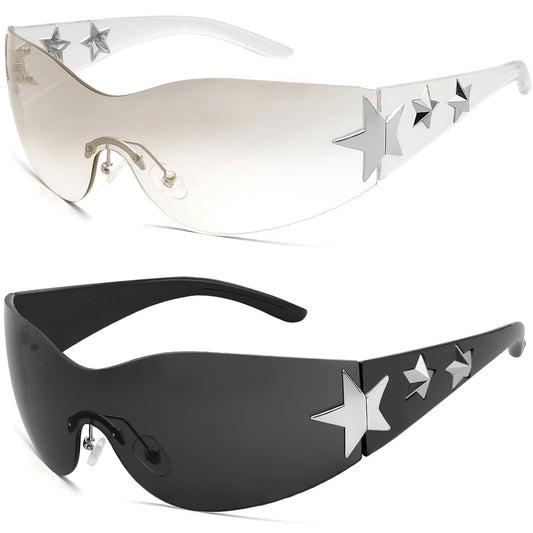 Rimless Y2K Sunglasses Star Wrap Around Glasses 2000S Accessories for Women Men Trendy Fashion Cool Shield Shades