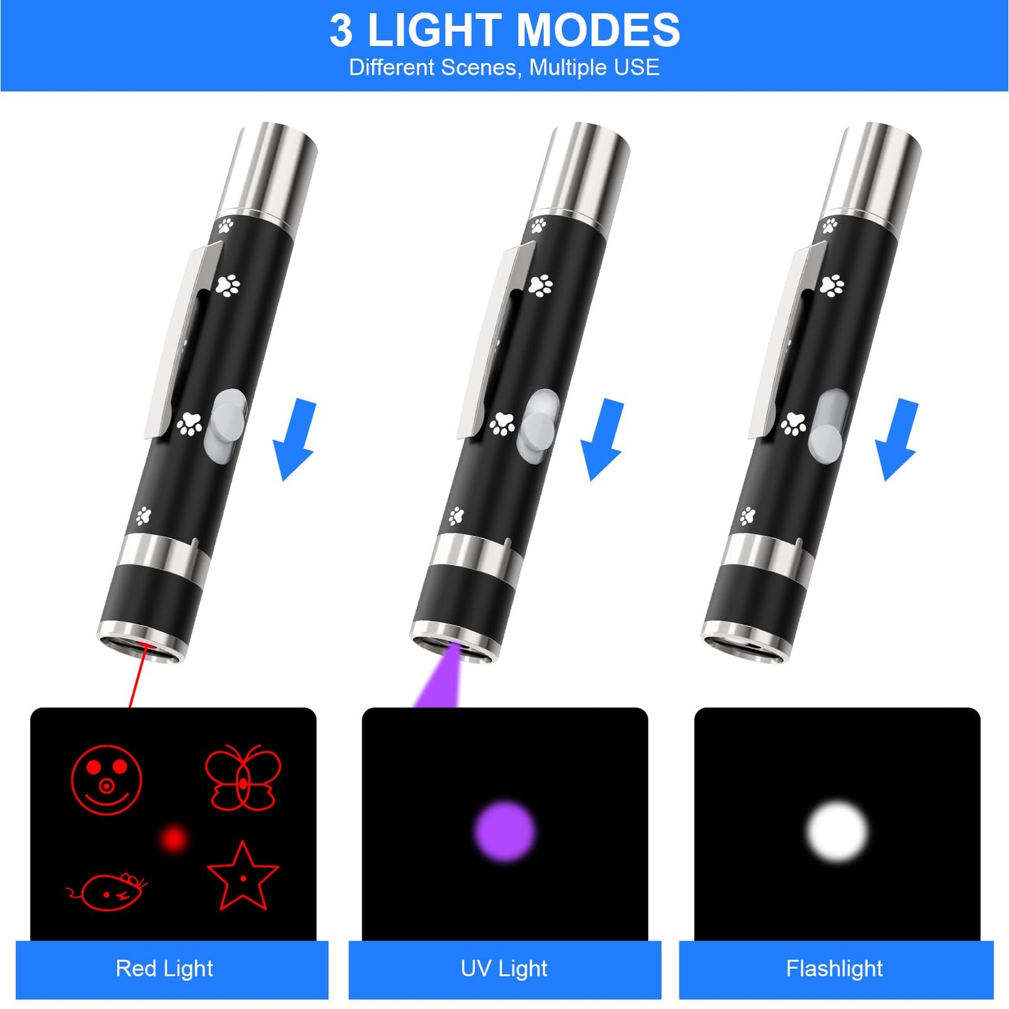 OUMSIS Cat Toys, USB Rechargeable Interactive Cat Mouse Toys, 3 Light Modes & 5 Adjustable Patterns, Portable Kitten Toy for Indoor Cats & Dogs, Training & Exercise Fun