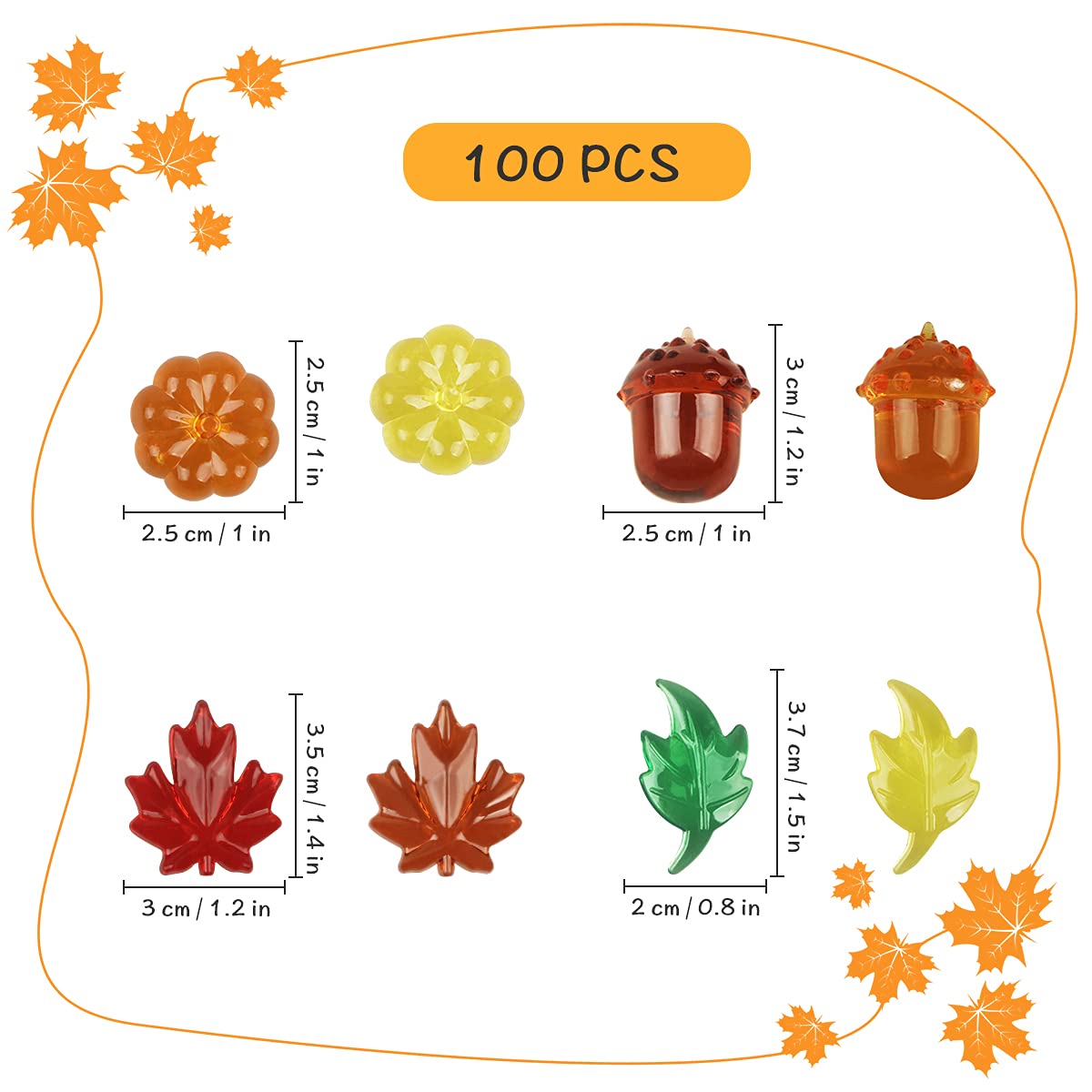 100PCS Acrylic Leaves Mini Pumpkins Acorns Maple Leaves Acrylic Fall Decorations, Thanksgiving Table Scatter Fall Vase Filler Gems for DIY Crafts, Home Decoration, Thanksgiving and Autumn Decor