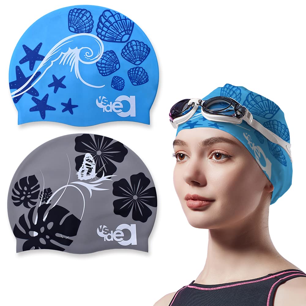 Vsidea 2 Pack Womens Silicone Swim Cap, Unisex Durable Silicone Swimming Cap for Adults Youths Swim Bath Hats caps (Gray + Blue)