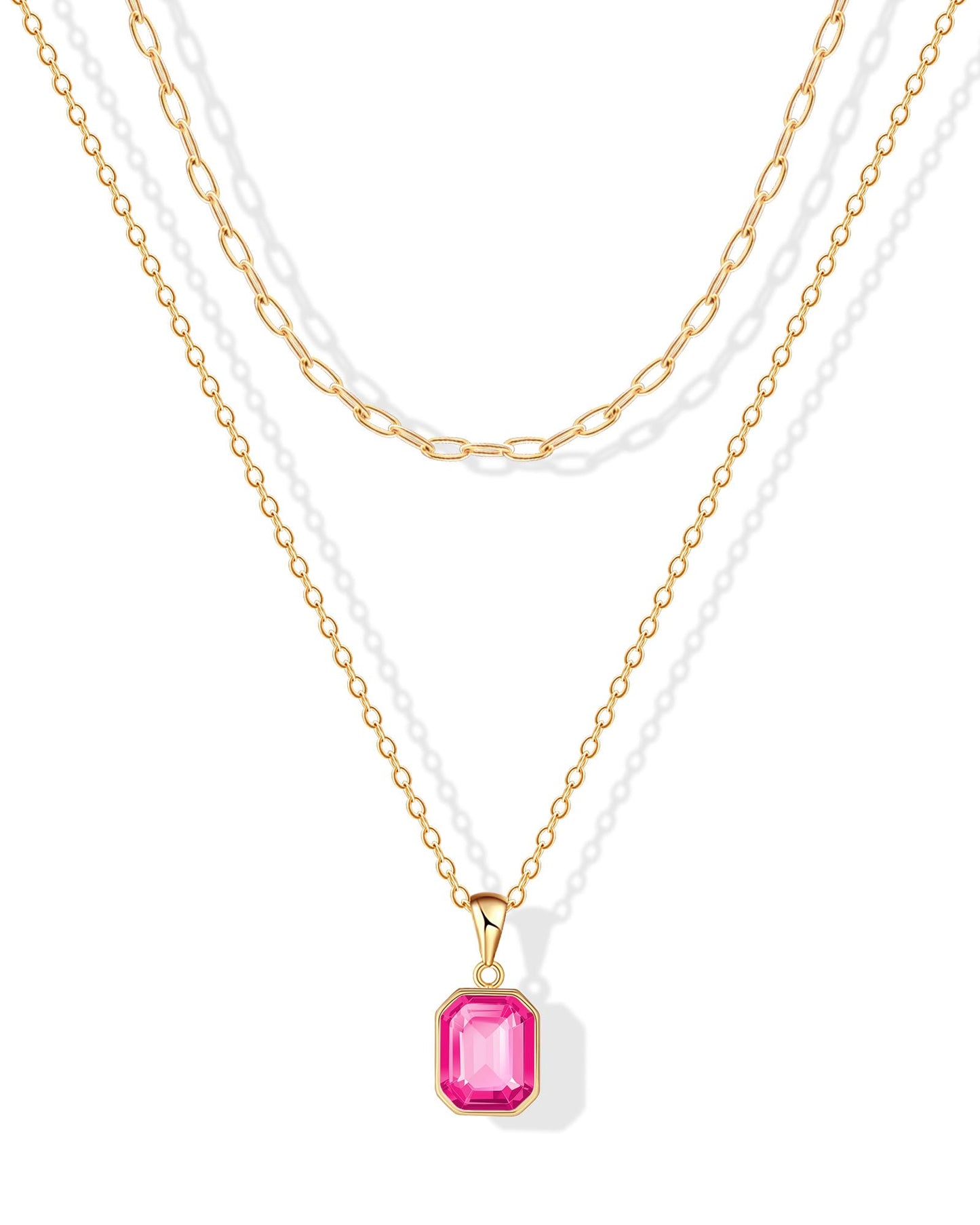 ACECHA Gold Layered Necklaces for Women, 18k Gold Plated Paperclip Chain Choker Necklace with Rectangle Crystal Birthstone Pendant Dainty Emerald Green Jewelry Gifts