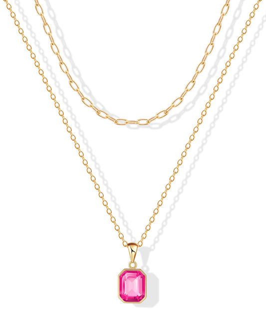 ACECHA Gold Layered Necklaces for Women, 18k Gold Plated Paperclip Chain Choker Necklace with Rectangle Crystal Birthstone Pendant Dainty Emerald Green Jewelry Gifts