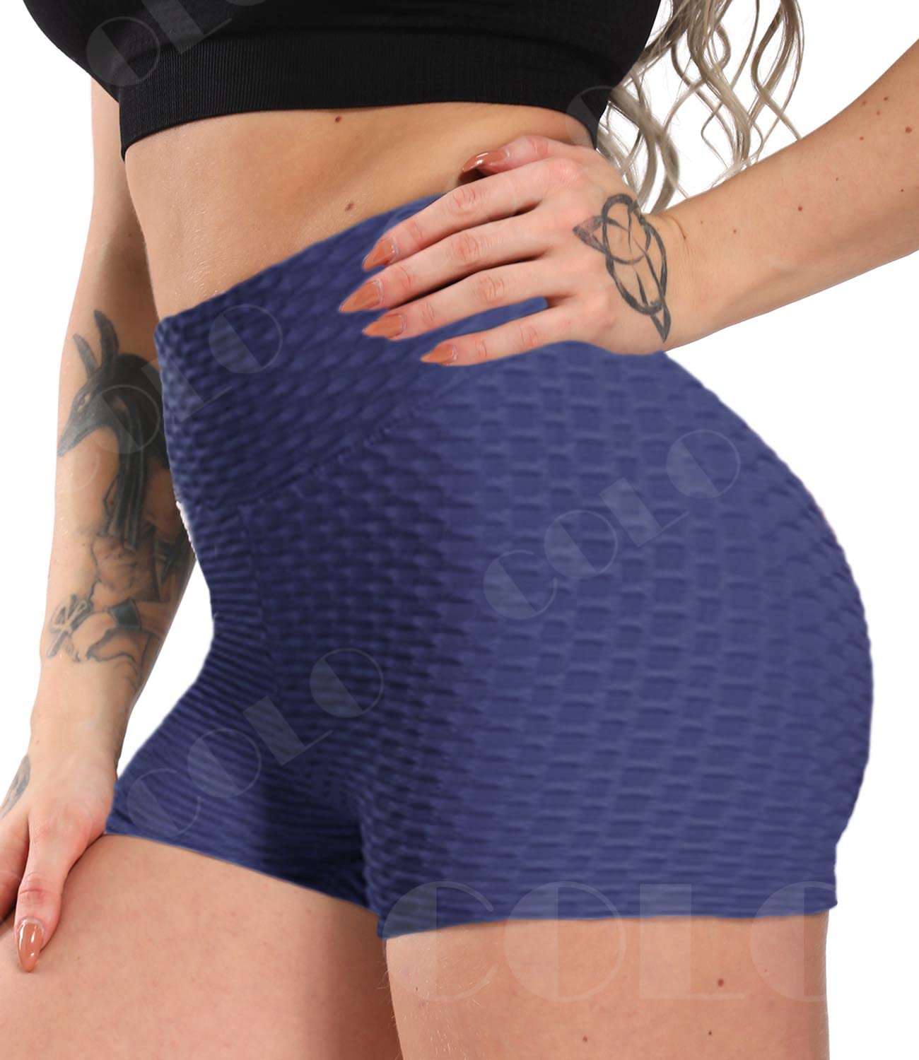 COLO Womens High Waisted Yoga Tummy Control Ruched Butt Fitness Shorts Sport Workout Running Shorts Navy(L)