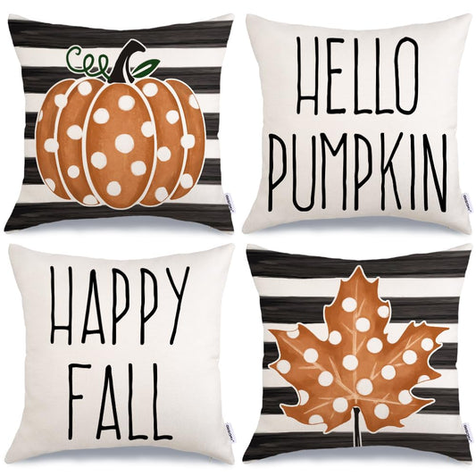 GEEORY Fall Decor Pillow Covers 18x18 Set of 4 Polka Dots Pumpkin Maple Leaf Happy Fall Outdoor Stripes Decorative Throw Pillows Farmhouse Thanksgiving Cushion Case for Couch Sofa