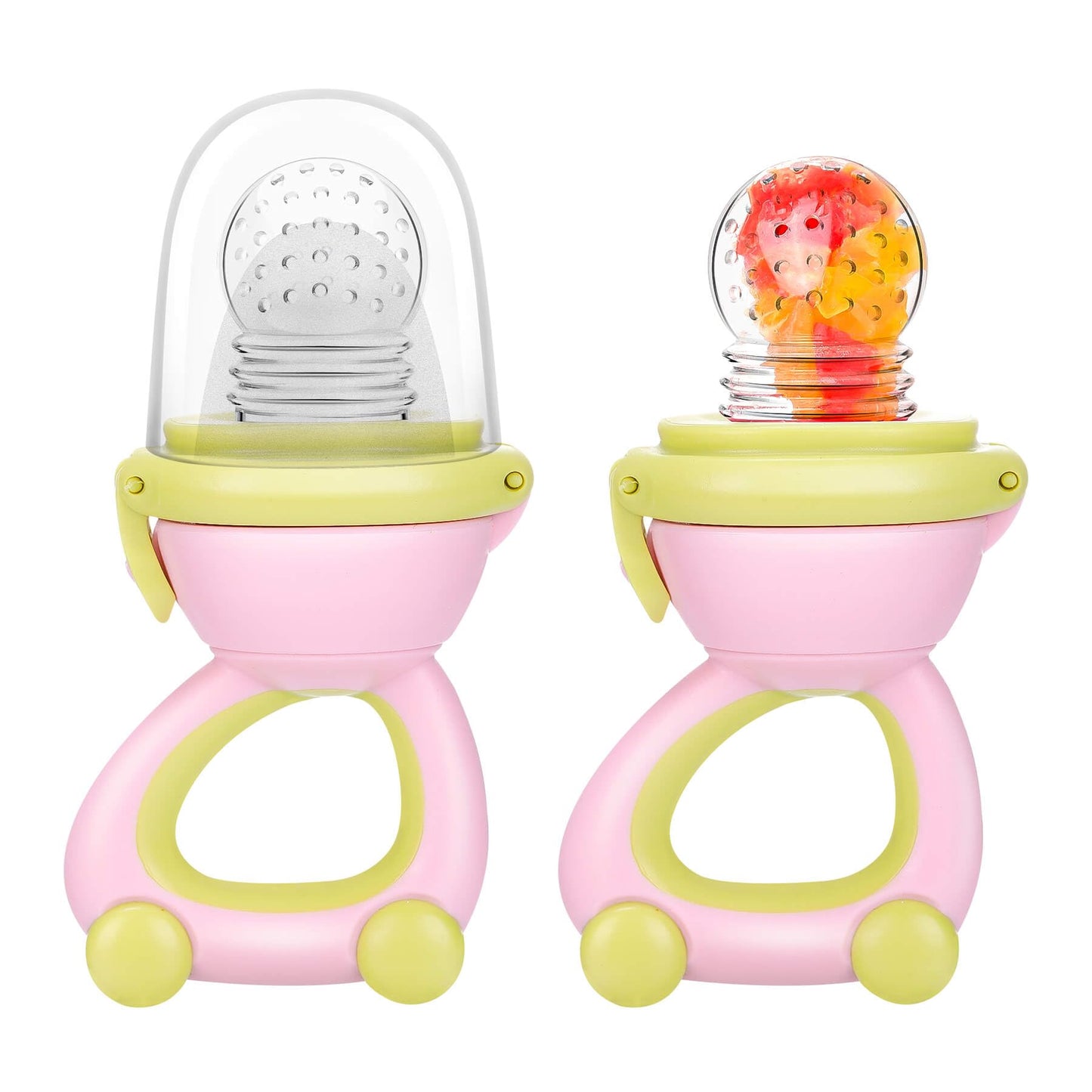 Baby Fruit Food Feeder Pacifier - Fresh Fruit Teething Toy 6M+, BPA Free Safely Introduce Solids Teething Relief Toy Includes Add Silicone Sacs, 2-Pack (Light Pink)