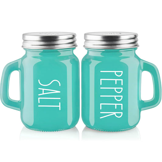Turquoise Salt and Pepper Shakers Set - Teal Kitchen Decor and Accessories for Home Restaurants Wedding - Glass Salt and Pepper Set for Cooking Table, RV, BBQ, Easy to Clean & Refill