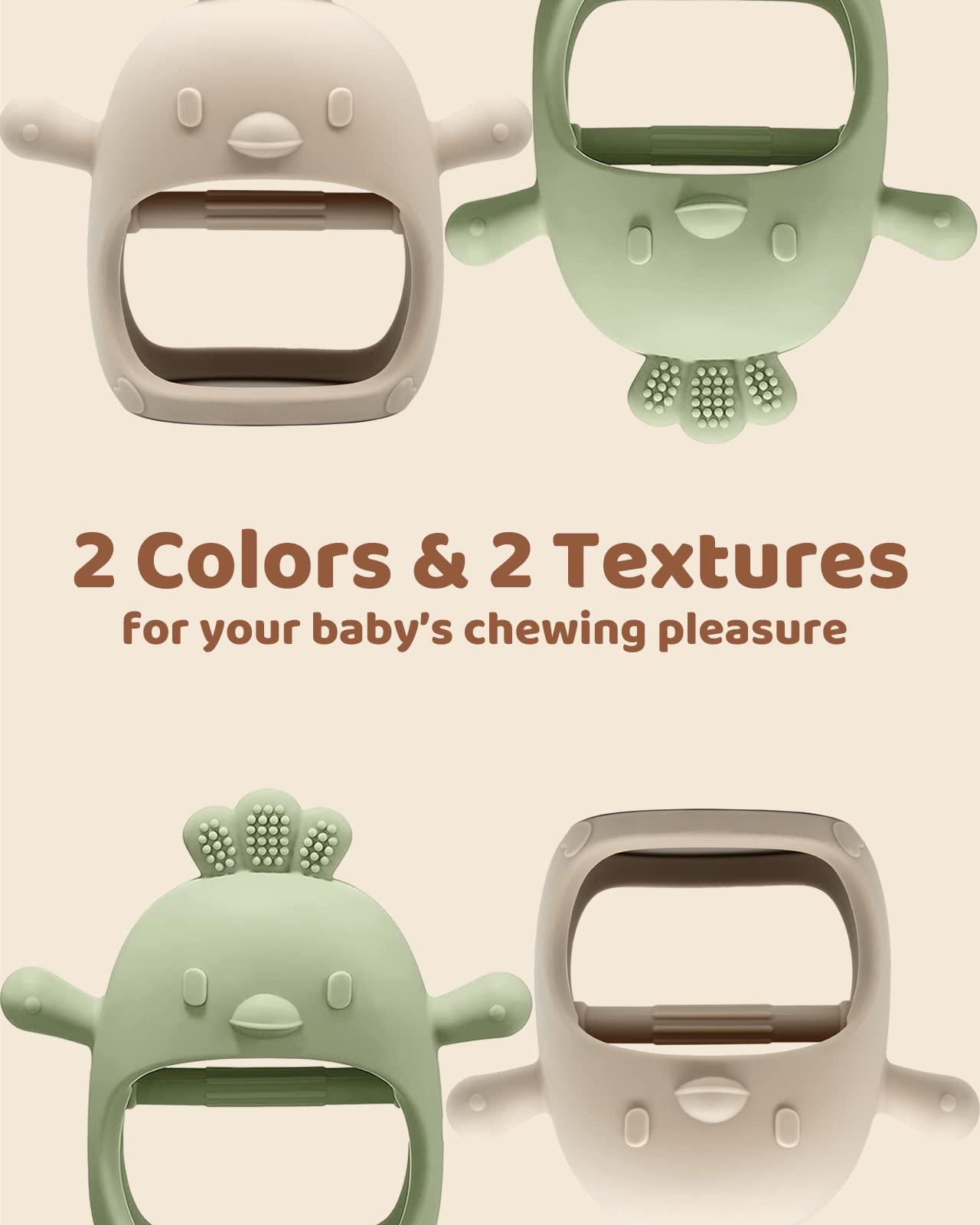 2 Packs Baby Teething Toy for 0-6 6-12 Months, Food Grade Silicone Teething Mitten, Anti Dropping Wrist Hand Teethers Baby Chew Toys for Sucking Needs, BPA Free (Green & Caramel)