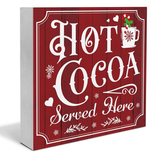 Vintage Christmas Decor, Hot Cocoa Wooden Sign, Coffee Bar Wooden Block Sign, Christmas Kitchen Decorations for Table Shelf 5 x 5 Inch