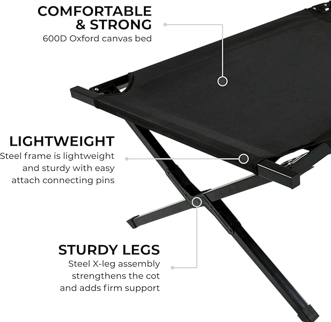 Teton Camping Cot with Patented Pivot Arm, Folding Camping Cot, Durable Heavy Duty Canvas, Comfortable Sleeping Bed for Adults, Portable