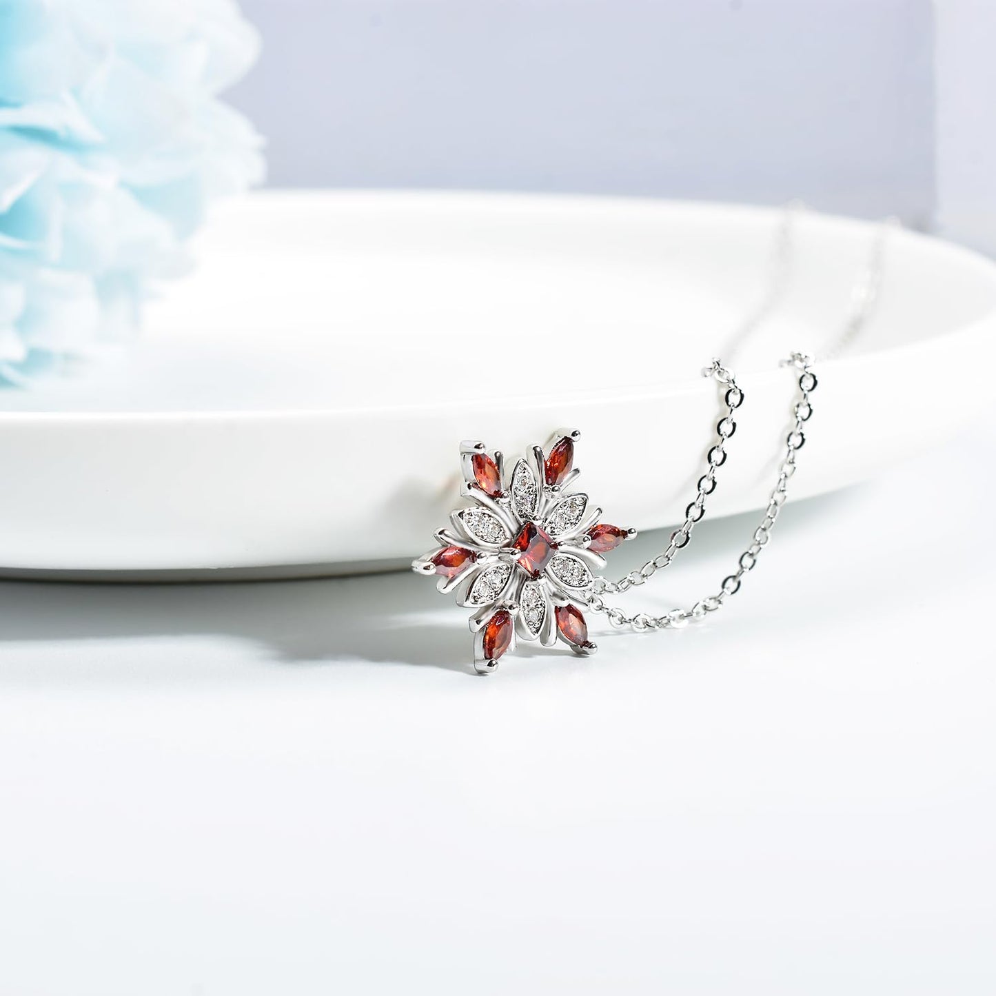 Elensan Women's 925 Sterling Silver Blue Crystals Snowflake Pendant Fashion Necklace Collarbone Chain (Red)