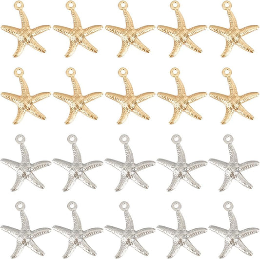 SUNNYCLUE 1 Box 100Pcs Starfish Charms Ocean Pendants Bulk Stainless Steel Silver Real 24K Gold Plated Starfish Charms for Jewelry Making Supplies DIY Crafting Necklace Bracelet Earring