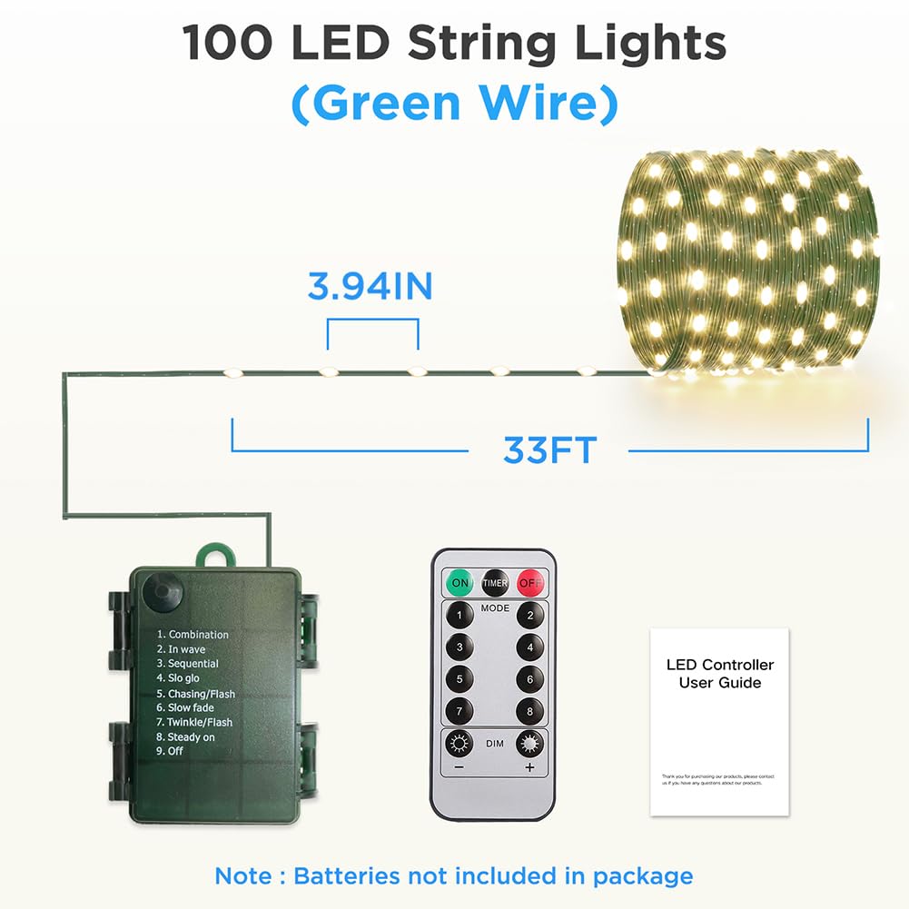 KepStars 33ft Battery Operated String Lights, 100 LED Fairy String Lights Battery Powered w/Remote & Timer for Indoor Outdoor Christmas Trees Wreath Decoration Bedroom Patio - Warm White