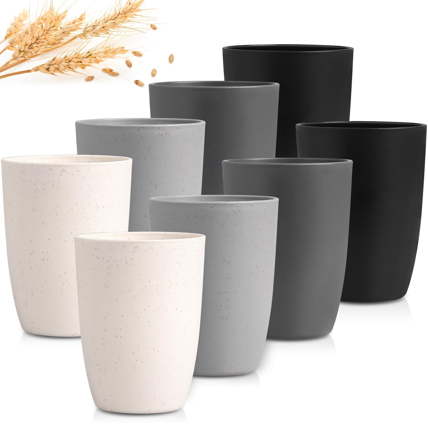 12 OZ Wheat Straw Cups Reusable Drinking Tumblers, Unbreakable Cups for Kitchen - BPA Free, Dishwasher Safe, Set of 6, Multicolor
