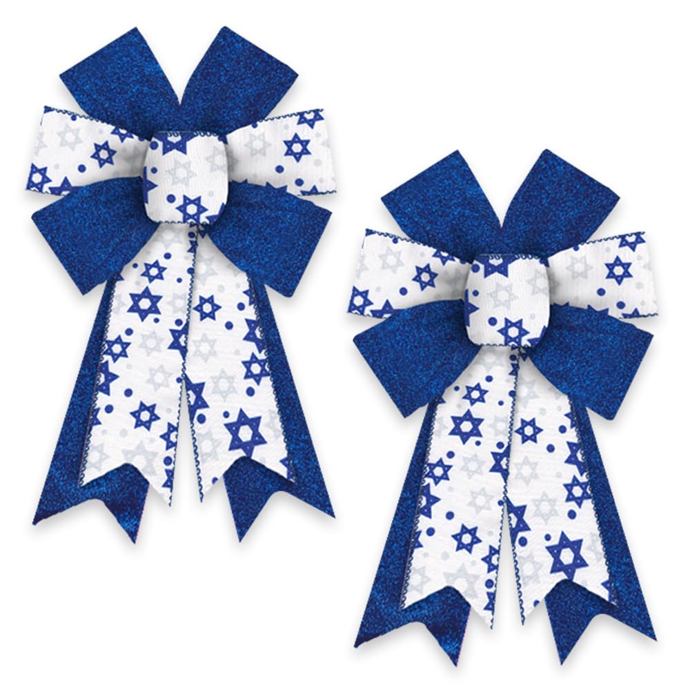 2 PCS Hanukkah Wreath Bows Chanukah Star of David Royal Blue White Ribbon Bows for Wreath, Medium Tree Topper Bows for Jewish New Year Party Home Indoor Outdoor Decoration Wreath Ornament Supplies