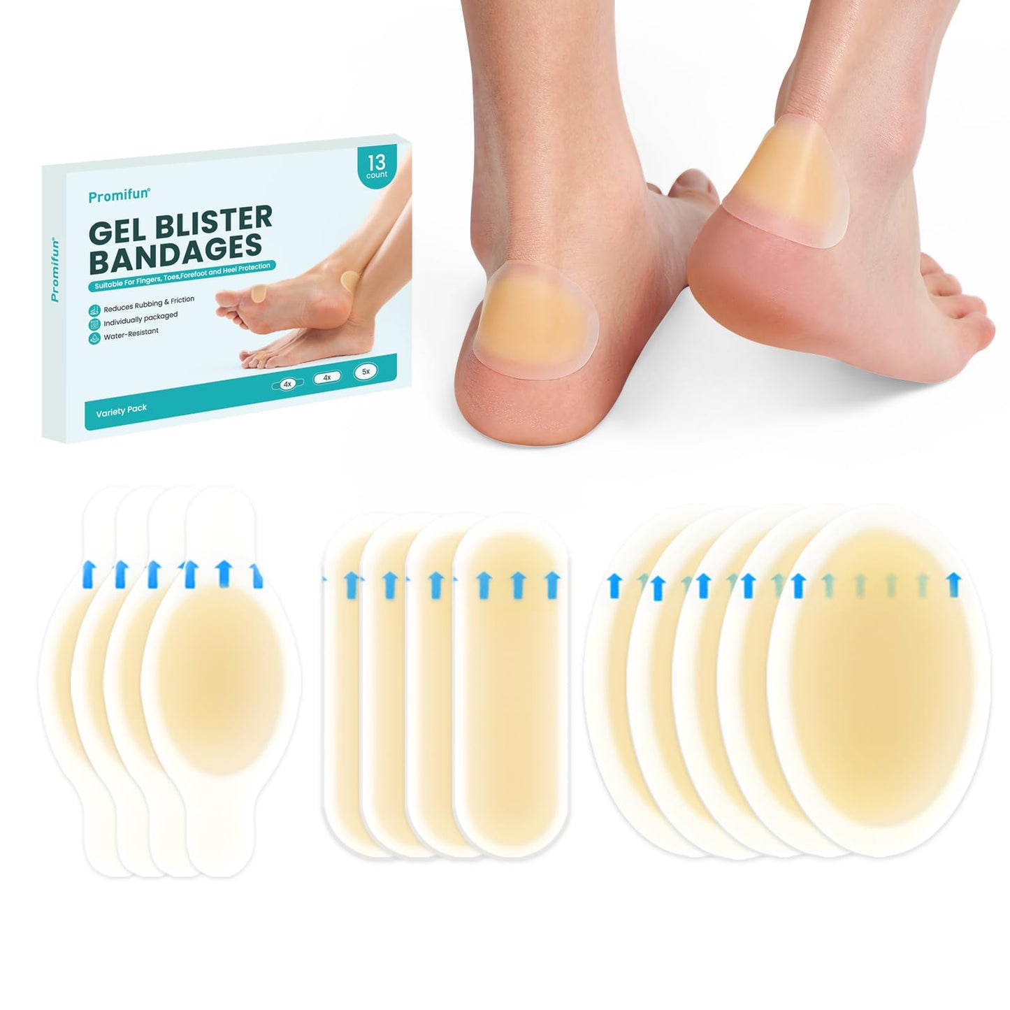 Hydrocolloid Gel Blister Bandages Pads - Promifun Waterproof Adhesive Blisters Bandages - Blister Pads for Heel, Foot, Toe, Feet - Gel Blister Chshions for Prevention & Recovery (24ct, Variety Pack)