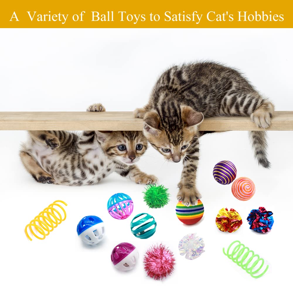 LASOCUHOO Cat Toys Kitten Assortment - Rainbow, Crinkle, Sparkle, Bell & Sisal Balls for All Cats - 30 Packs