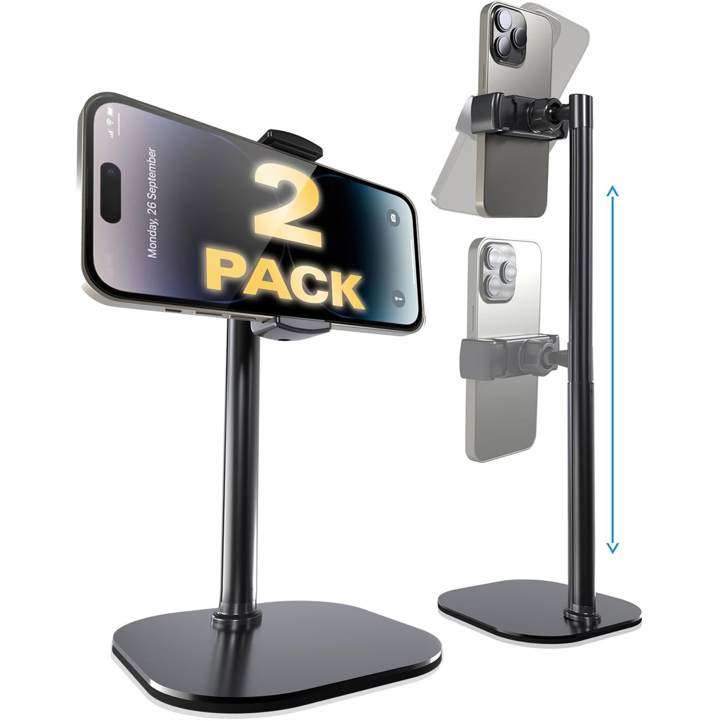 Cooper ChatStand Adjustable Cell Phone Stand for Desk & Video Recording, Rotating Cell Phone Holder for Desk for All iPhone, Samsung, Android, 9-14" Face-Level Metal Desktop Tripod (Night Black)
