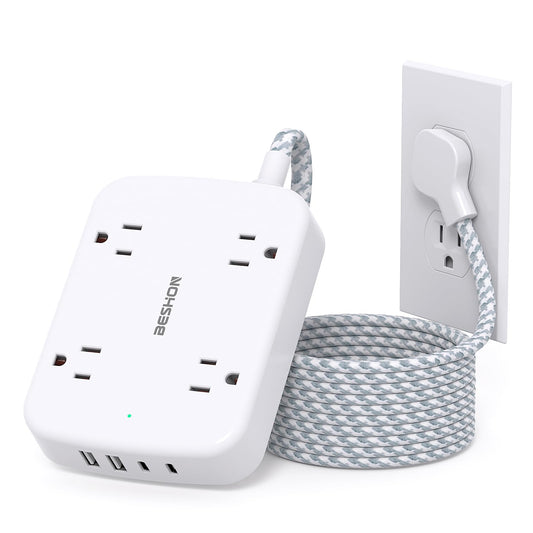 10FT Surge Protector Power Strip, BESHON Flat Extension Cord with 2 USB C, Flat Plug Power Strip, 4 Widely Outlets and 4 USB Charging Ports, 900 Joules, for Home Office Dorm Room Essentials,Black