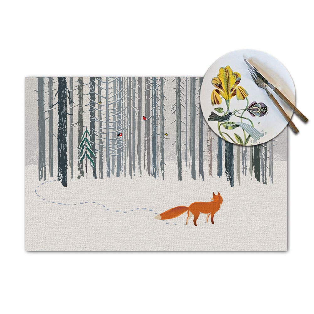 Fox Placemats Set of 4, Winter Forest Landscape Fox Bird Placemats Heat Resistant for Dining Table Non-Slip 18x12 Inches