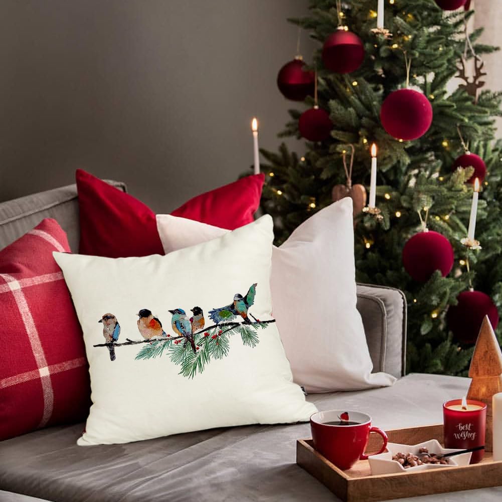 RABUSOFA Christmas Pillow Covers 18x18 Inch Birds Christmas Decorations Christmas Winter Throw Pillow Cases Xmas Outdoor Birds Decor Decorative Pillows for Couch Holiday Teal