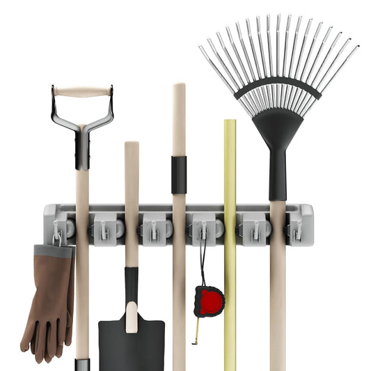 Stalwart Garden Tool Organizer Wall Mount Broom and Mop Holder, 5 Adjustable Slots and 6 Hooks Utility Rack for Garage or Home Organization