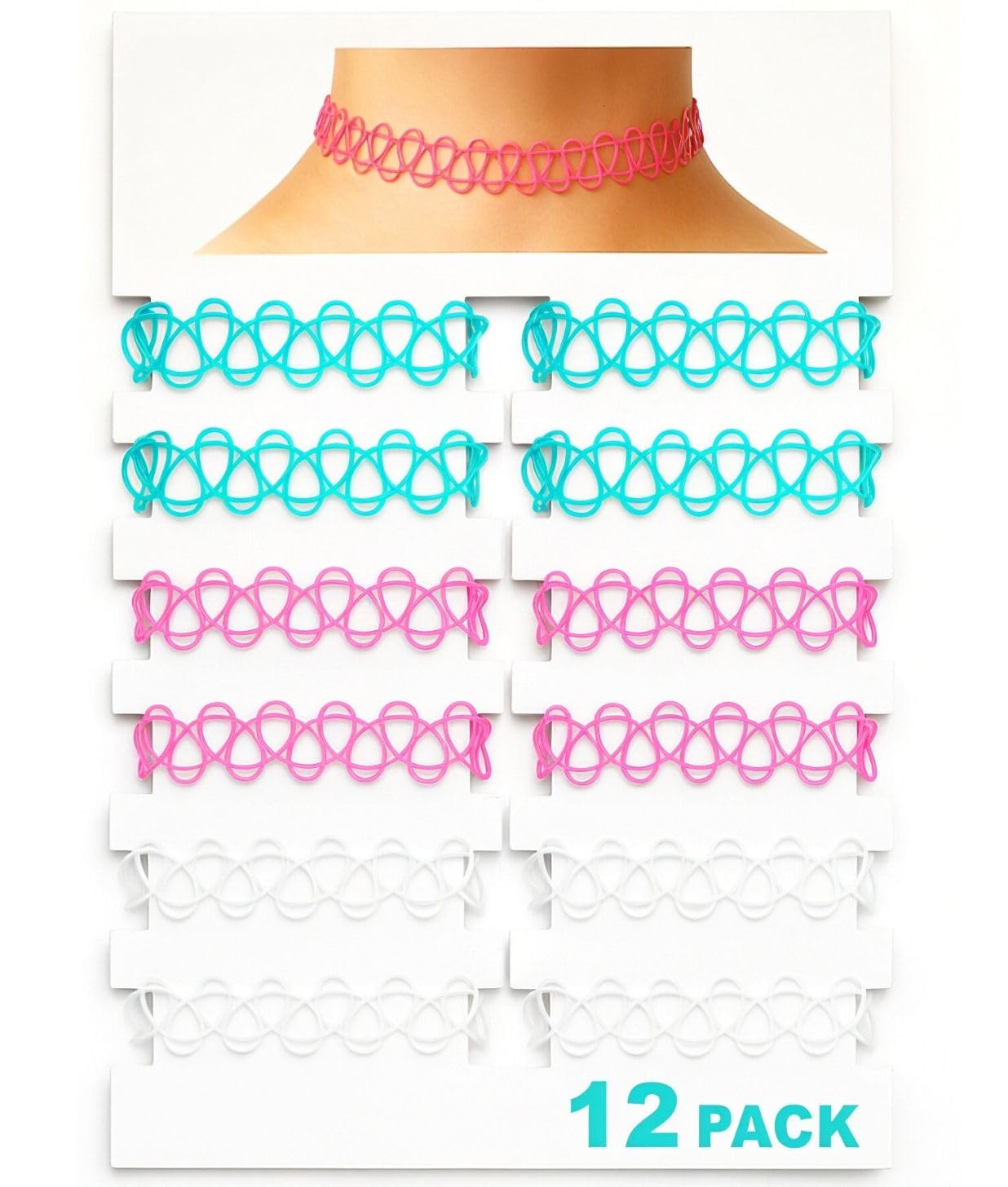 BodyJ4You 12PC Tattoo Choker Necklace - 90s Accessories 2000s Jewelry Y2K Fashion Vintage Trendy - Rainbow Goth Black Pink Green Blue White - Adjustable Stretchy Elastic Necklace Summer Vacation Set