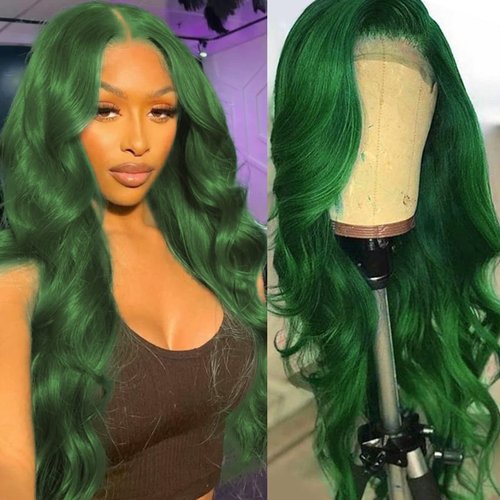 Colorful Bird Dark Green Lace Front Wigs Human Hair Body Wave 13x4 HD Lace Frontal Wig Pre Plucked with Baby Hair Green Lace Front Human Hair Wigs Glueless 150% Density 28 Inch