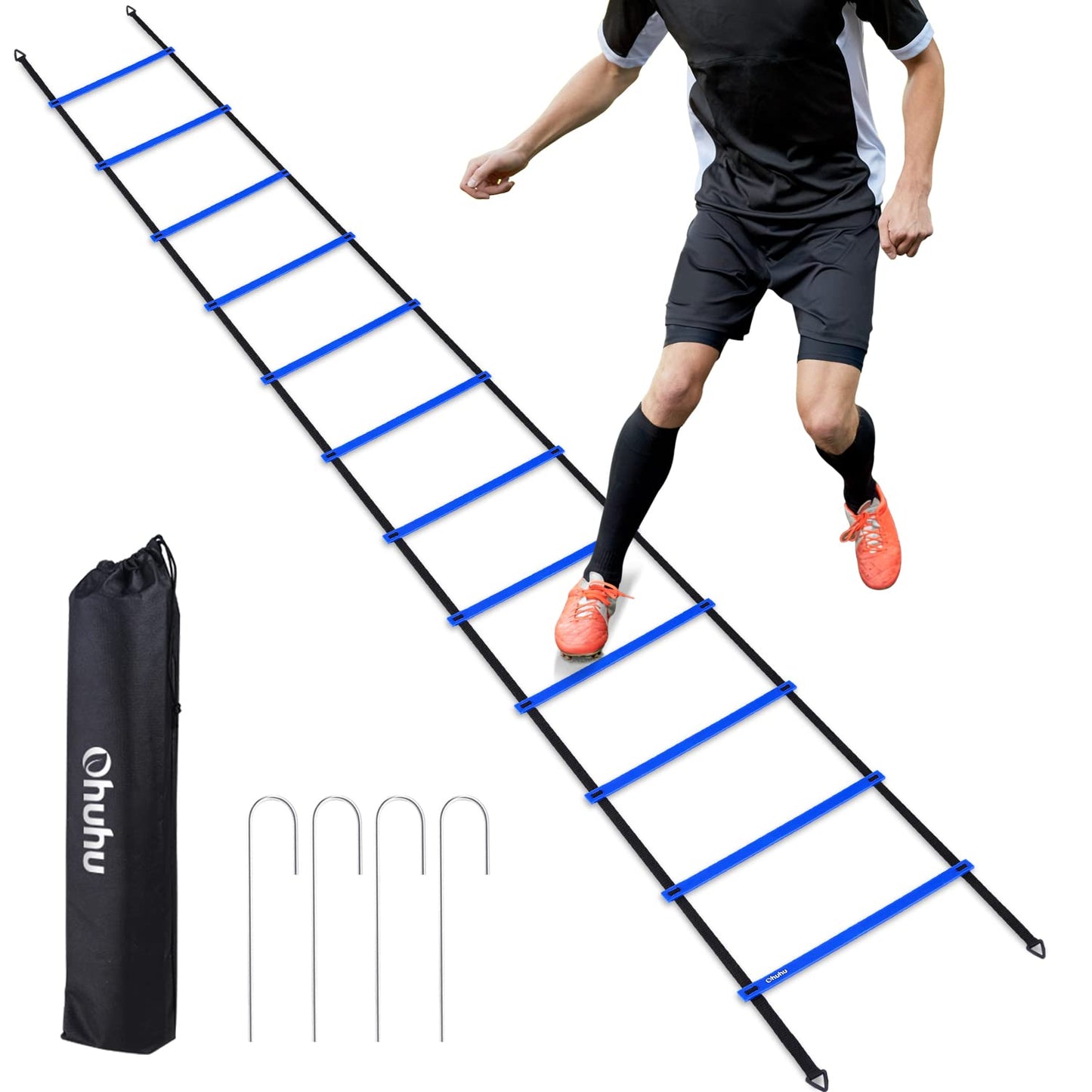 Ohuhu Agility Ladder Speed Training Equipment 12 Rung Exercise Ladders with Ground Stakes for Soccer Football Boxing Footwork Sports Feet Fitness Training Ladder with Carry Bag Yellow or Blue