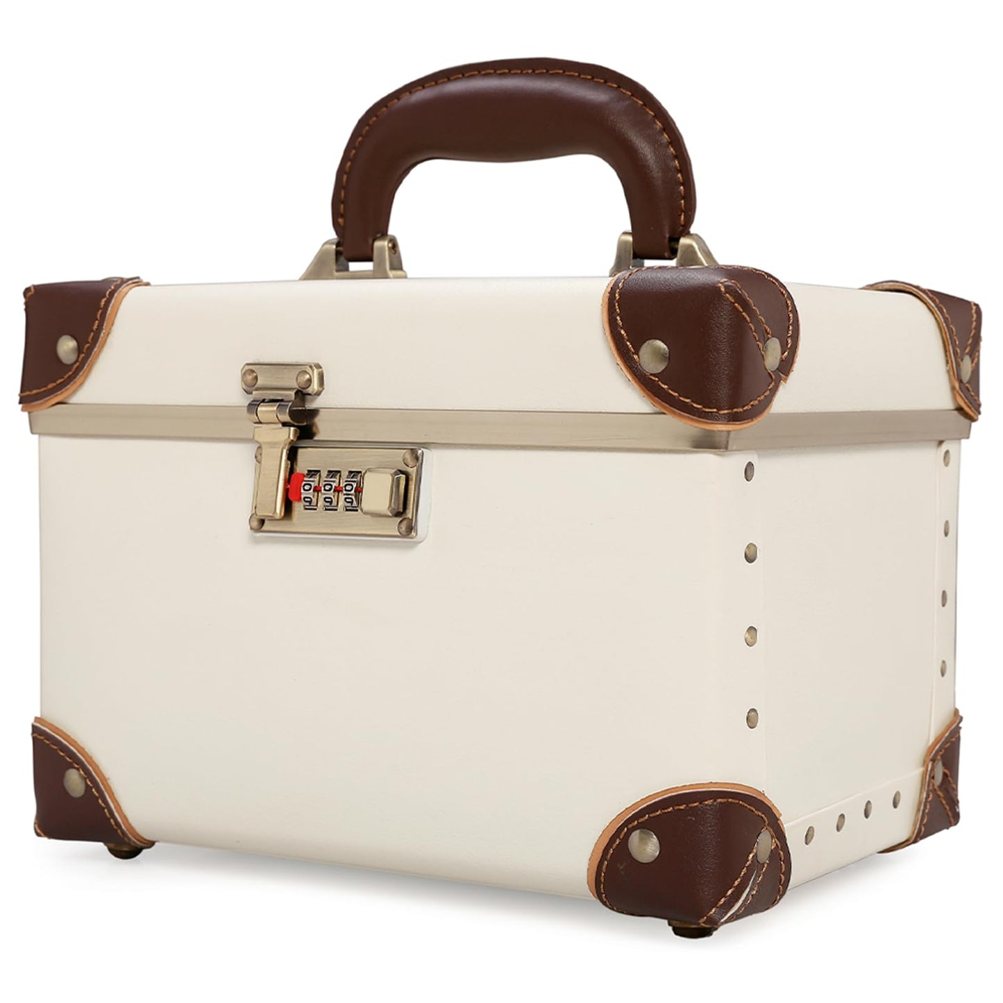urecity Portable Retro Leather Makeup Train Case Cosmetic Organizer Case Leather Storage Box with Combination Lock (12.5", Ivory White)