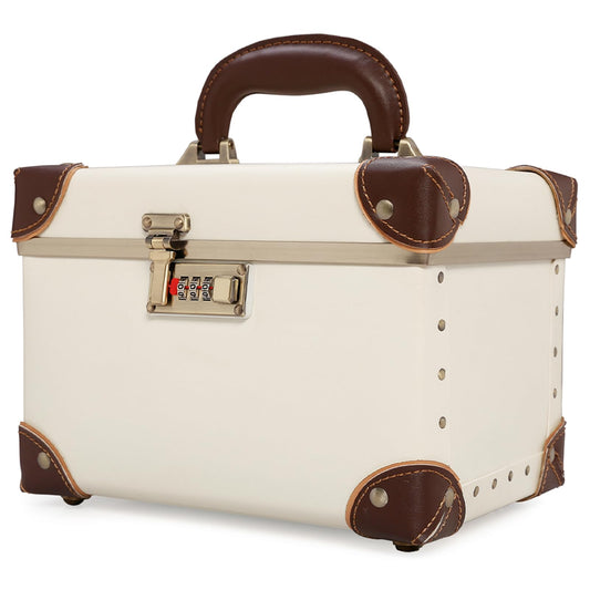 urecity Portable Retro Leather Makeup Train Case Cosmetic Organizer Case Leather Storage Box with Combination Lock (12.5", Ivory White)