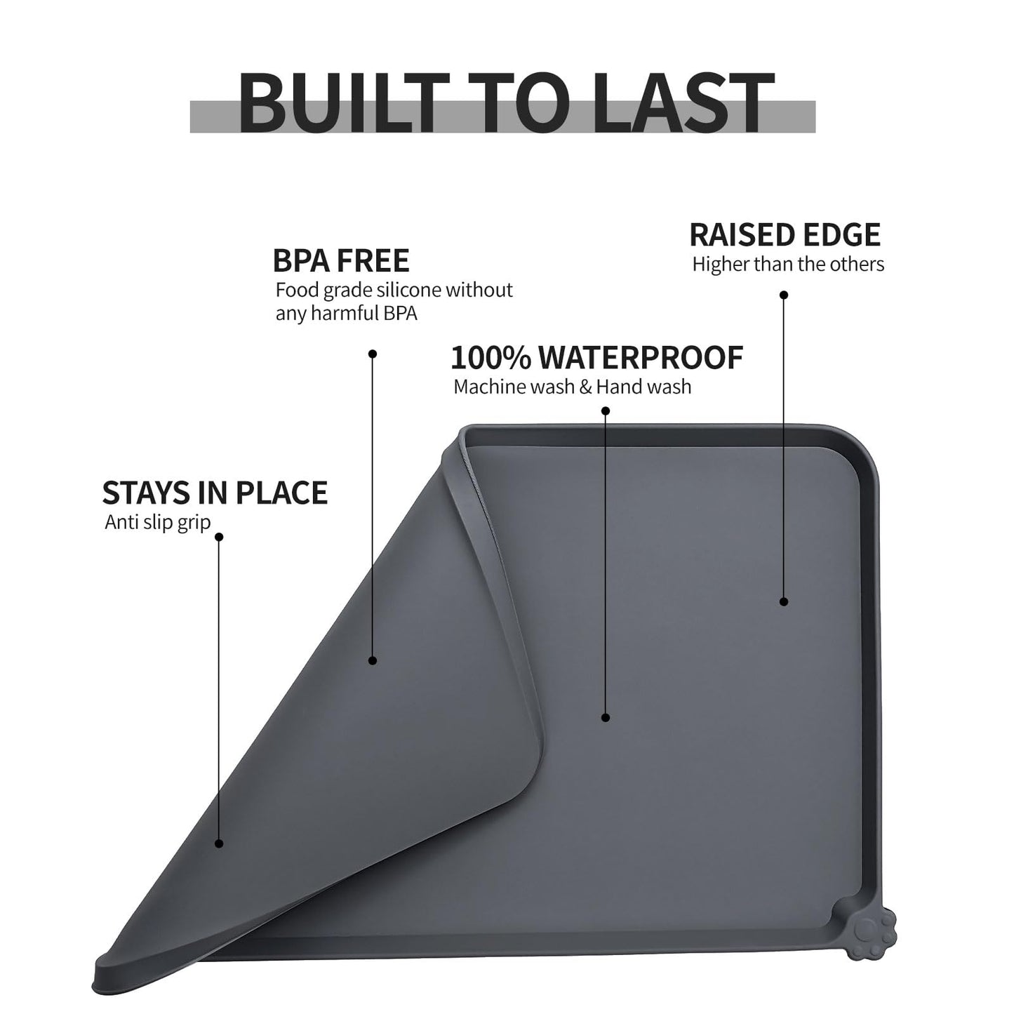 Reopet Waterproof Pet Feeding Mat with High Raised Edges, Heavier and Thicker Placemats for Cat Dog Water Bowl with BPA Free, Dogs Cats Food Mats for Messy Drinkers to Prevent Spill and Protect Floors