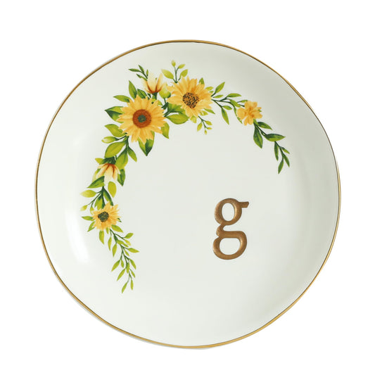 COLLECTIVE HOME - Ceramic Jewelry Tray, Trinket Dish for Rings Earrings Necklaces Bracelet Watch Keys, Birthday Mother's Day Christmas Gift for Women, 4.75", White Surface wirh Sunflowers (k)