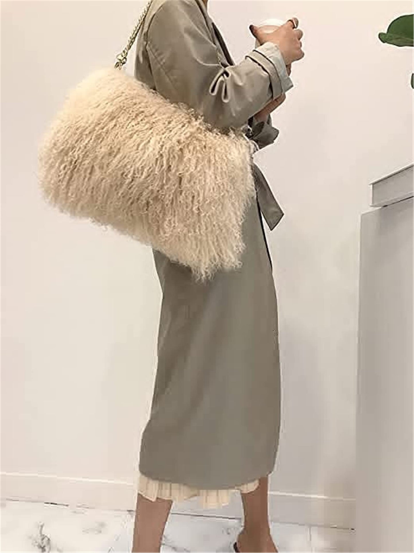 ME-01 Big Fluffy Fur Handbag With Real Mongolian Lamb Fur Long Curly Hair And Long Exchangeable Silver Chain Luxury Shoulder Bag Furry Clutch For Women (One Size, Apricot)