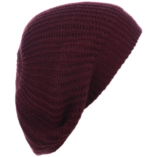 BYOS Ladies Winter Solid Chic Slouchy Ribbed Crochet Knit Beret Beanie Hat W/WO Flower Adornment, Soft Touch (Wine)