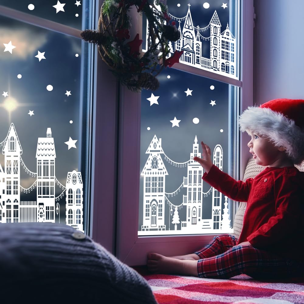 Vellibring 72" Christmas Window Clings - Winter House Decals, Simple Style Reusable Non-Adhesive Street Scene Border Stickers for Home, Cafe, Mall Glass Door, Christmas Decor